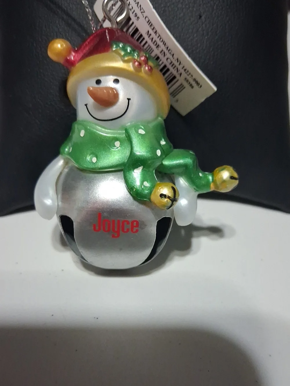 GANZ Silver Snowman Bell Ornament with Green Scarf and Red Hat